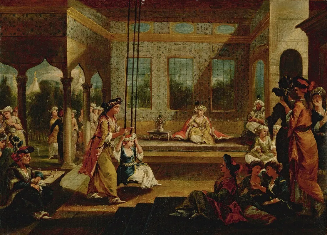 A Harem Scene With Soldiers Smoking And Odalisques Relaxing And Playing On A Swing In An Interior Courtyard