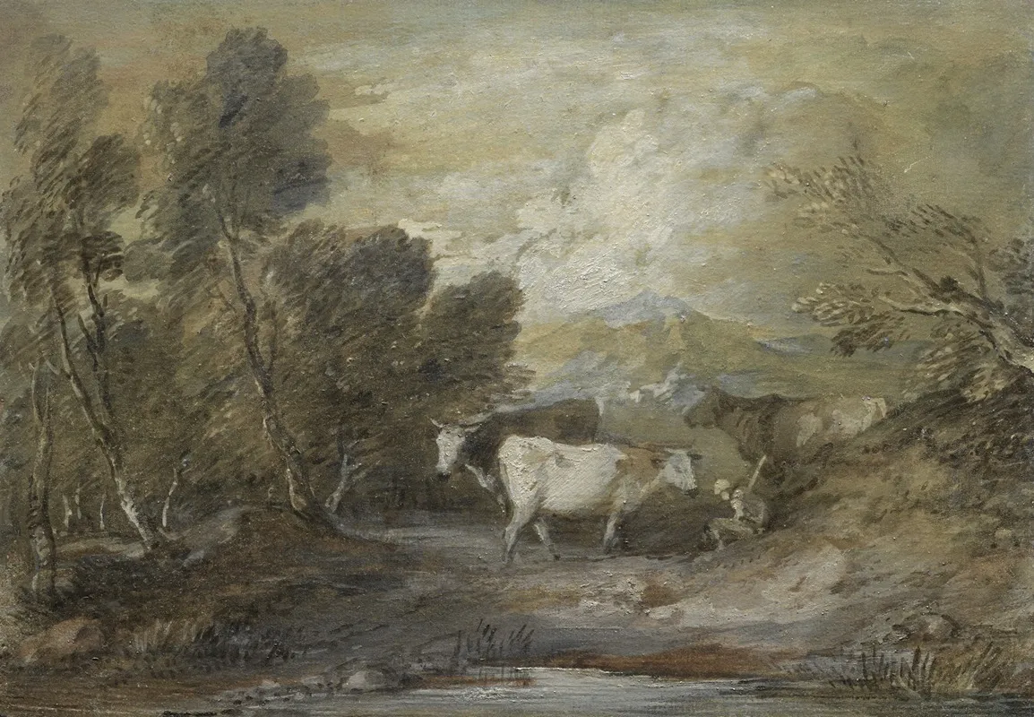 A Herdsman With Three Cows By An Upland Pool