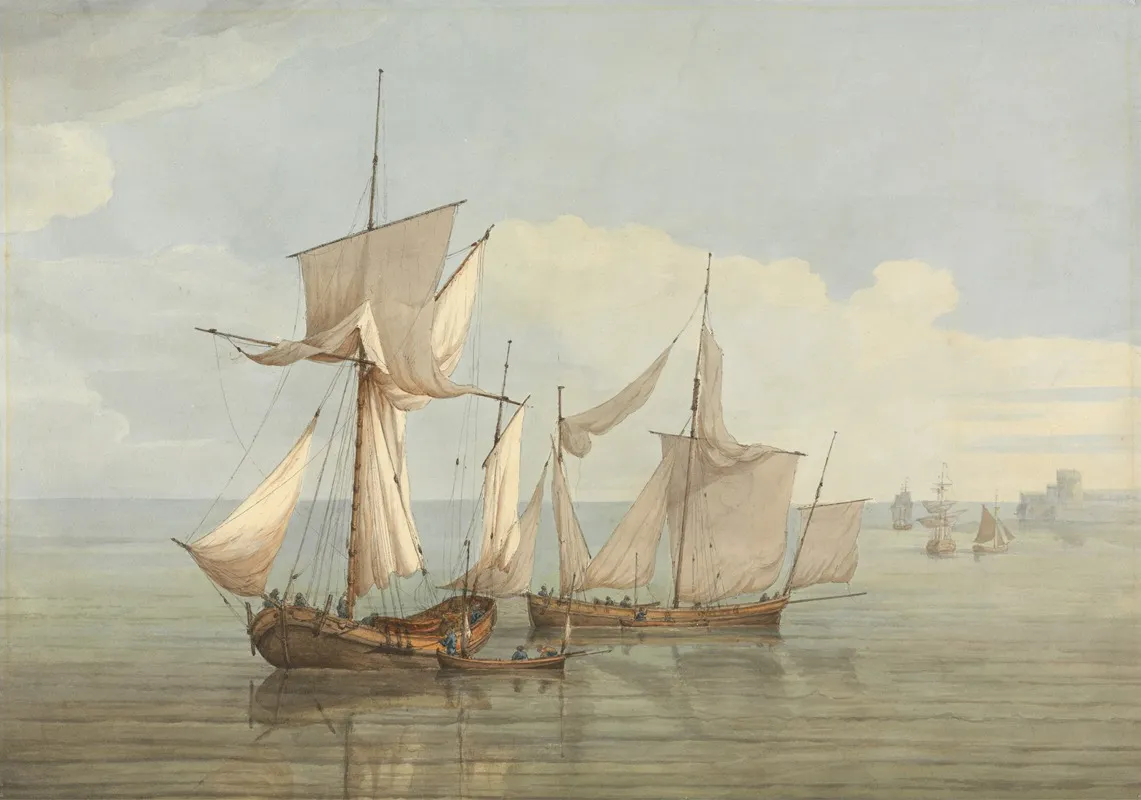 A Hoy And A Lugger With Other Shipping On A Calm Sea by John Thomas Serres - Canvas Print