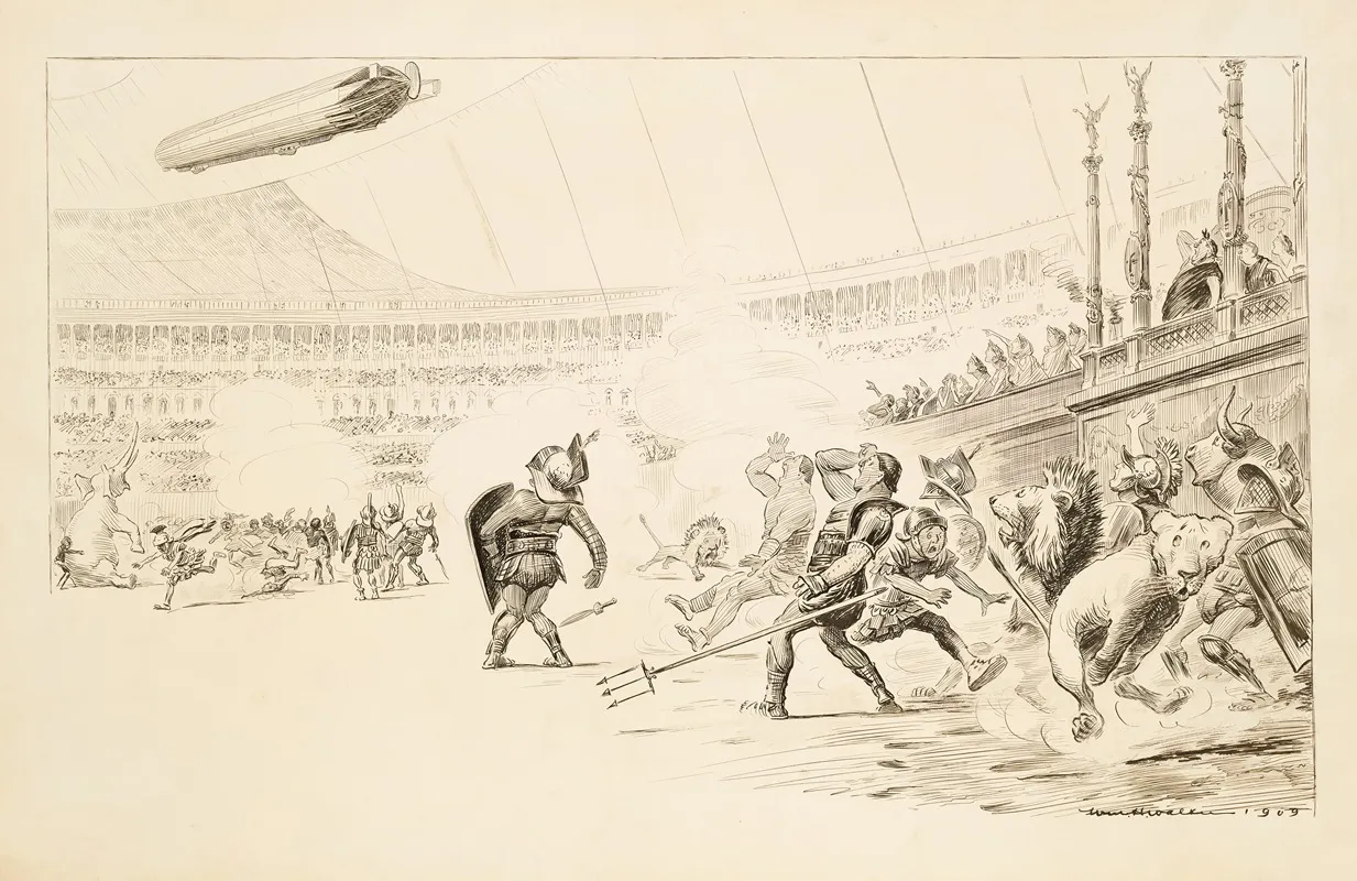 A Huge Gladiator Fight Including Men In Armor Lions And An Elephant In A Crowded Stadium