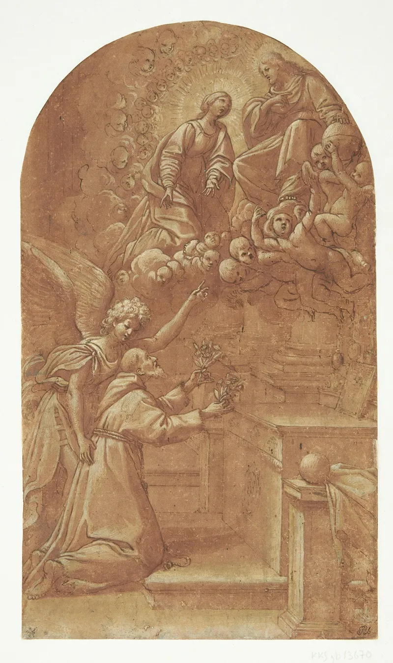 A Kneeling Franciscan Frands Of Assisi Supported By An Angel