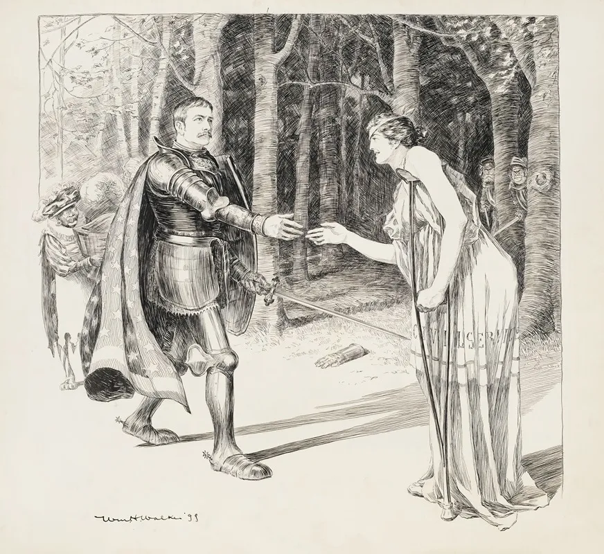 A Knight Rescues A Wounded Woman Representing The Civil Service Her Would Be Attackers Lurk In The Background