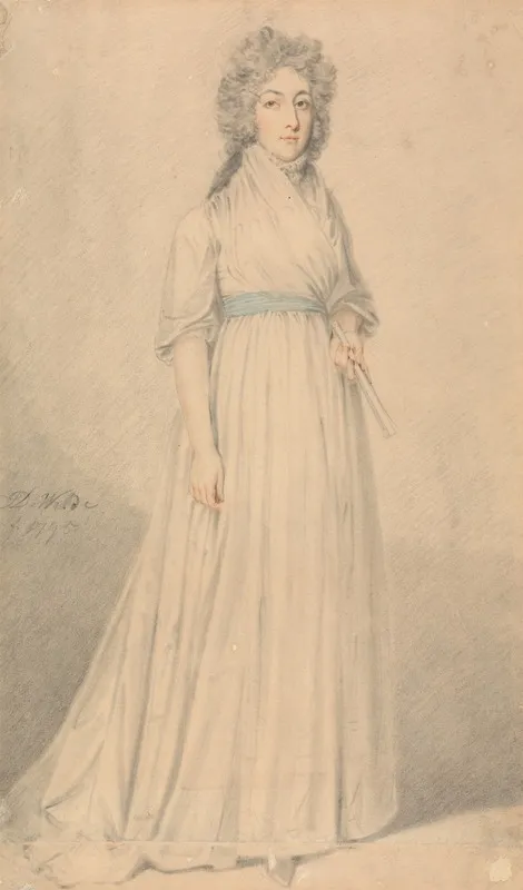 A Lady Full Length Wearing A Blue Sash And Holding A Fan
