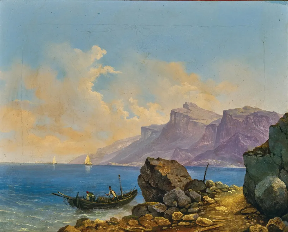 A Lake Landscape With A Boat by Markus Pernhart - Canvas Print