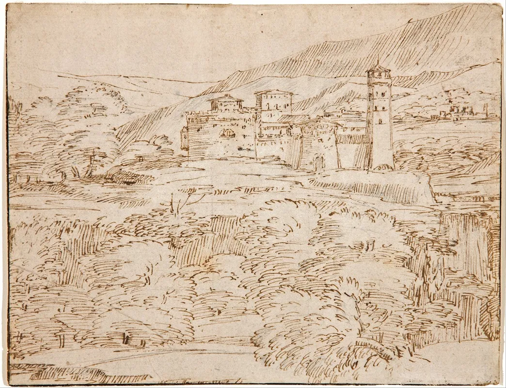 A Landscape With A Castle Above A Belt Of Trees by Giovanni Francesco Grimaldi - Canvas Print