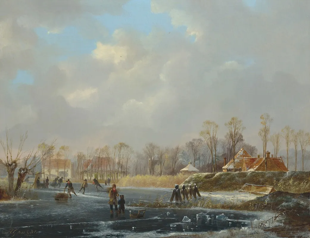 A Landscape With Figures On A Frozen River by Hendrik Gerrit ten Cate - Canvas Print