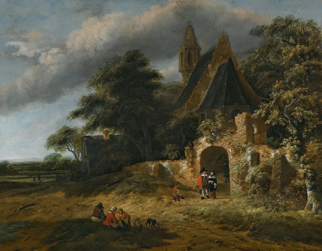 A Landscape With Figures Outside The Walls Of A Ruined Church by Salomon Rombouts - Canvas Print