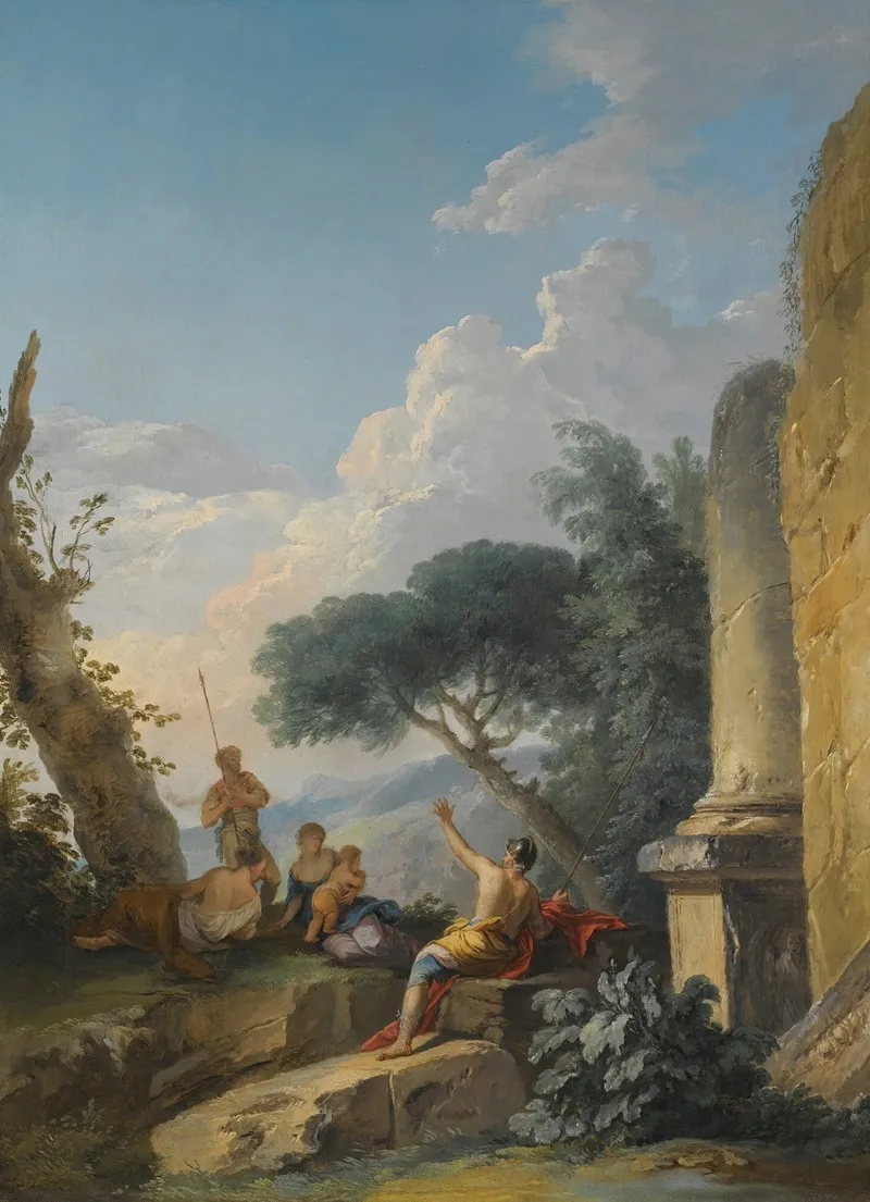 A Landscape With Figures Resting Beside Classical Ruins by Andrea Locatelli - Canvas Print