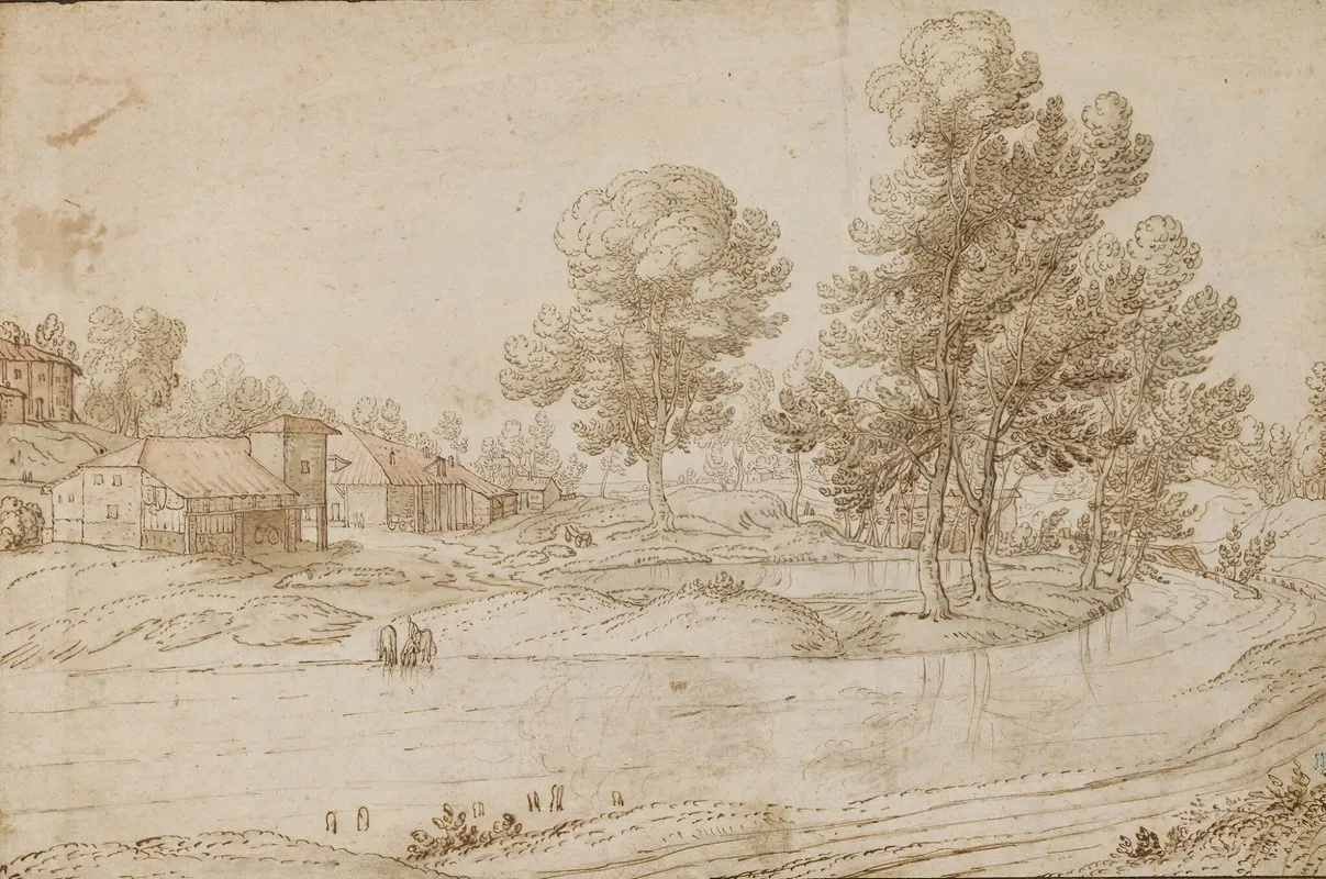A Landscape With Houses On The Bank Of A River by Pauwels van Hillegaert - Canvas Print