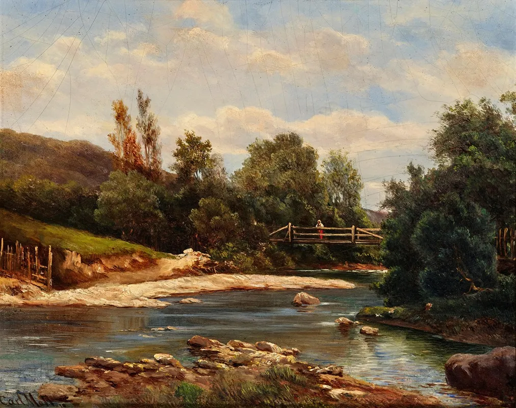 A Landscape With Stream And A Bridge by Carl Moll - Canvas Print