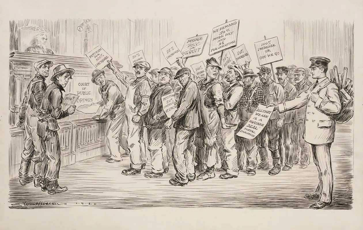 A Line Of Men At The Court Of Public Opinion Representing Various Groups Of Labor Demand 50 100 Pay Increases