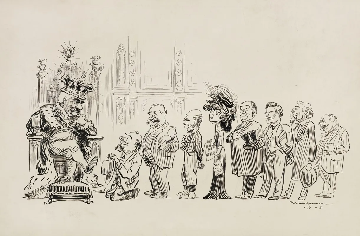 A Line Of Men In Suits And A Woman With A Paper Reading Votes For Women Wait For An Audience With A Man Dressed Like A King