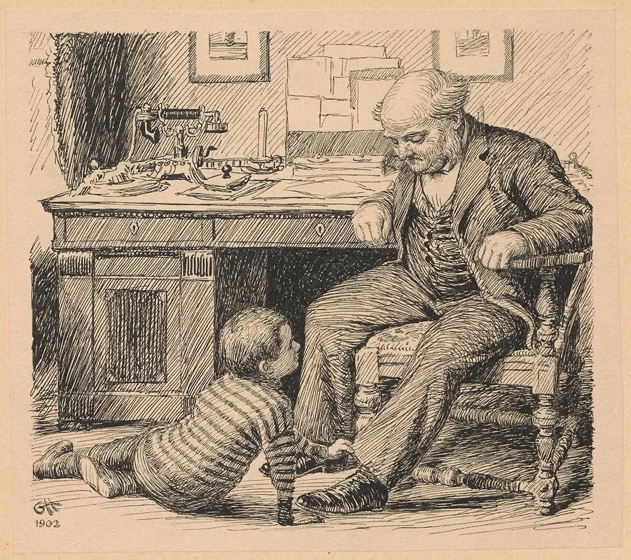 A Little Boy Is Tugging At The Trouser Leg Of A Man Possibly His Grandfather by Gerhard Heilmann - Canvas Print