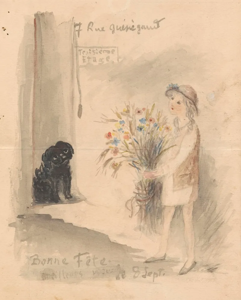 A Little Girl With A Bunch Of Flowers And A Dog