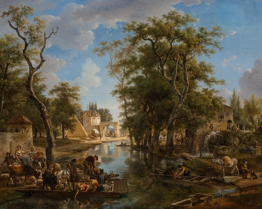 A Lively Canal Scene With Ferries And Boats Conveying Townspeople And Animals