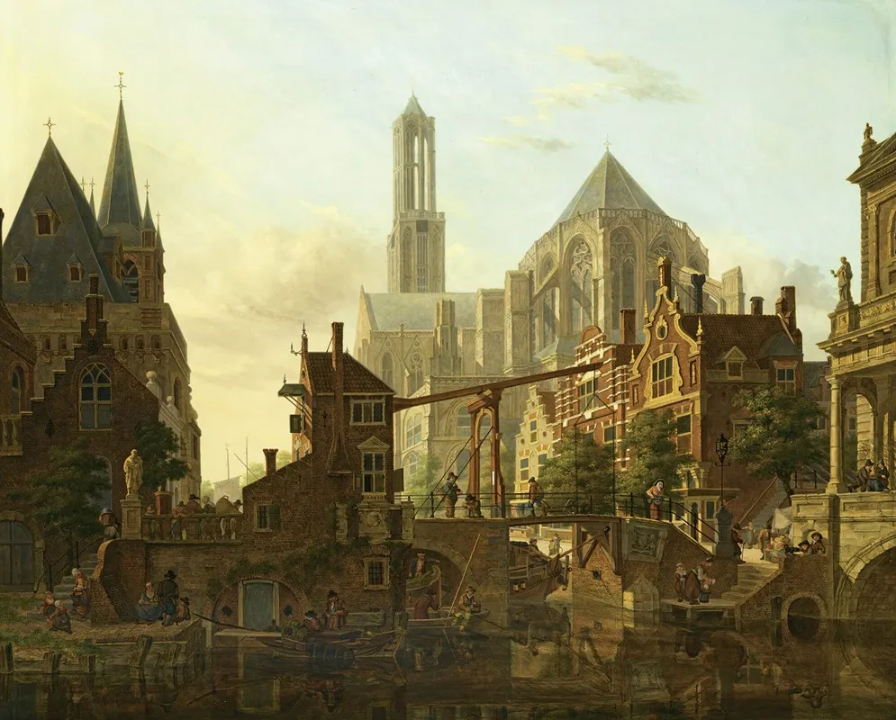A Lively Townscene Utrecht by Jan Hendrik Verheijen - Canvas Print
