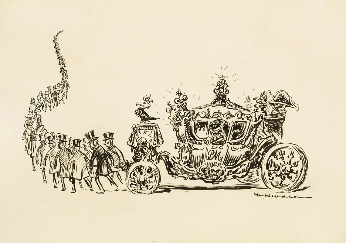 A Long Line Of Men In Suits And Top Hats Pull An Ornate Carriage In The Place Of The Horses