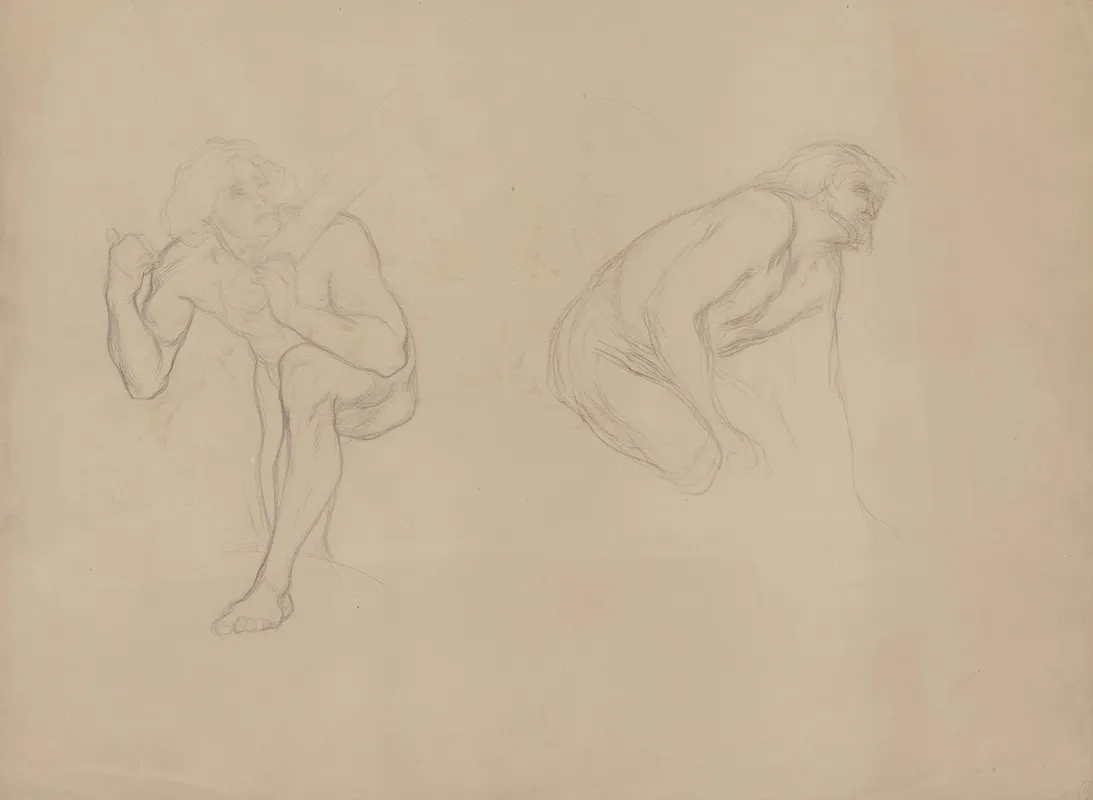 A Male Nude In A Bent Position With His Left Leg Raised Carrying An Object On His Shoulder Next To Him A Crouching Male Nude To The Right