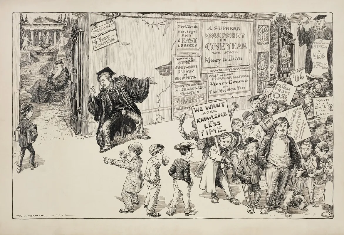 A Man Advertises A College Education In One Year Where Students Learn How To Get Rich And Has Attracted A Crowd Of Interested Boys