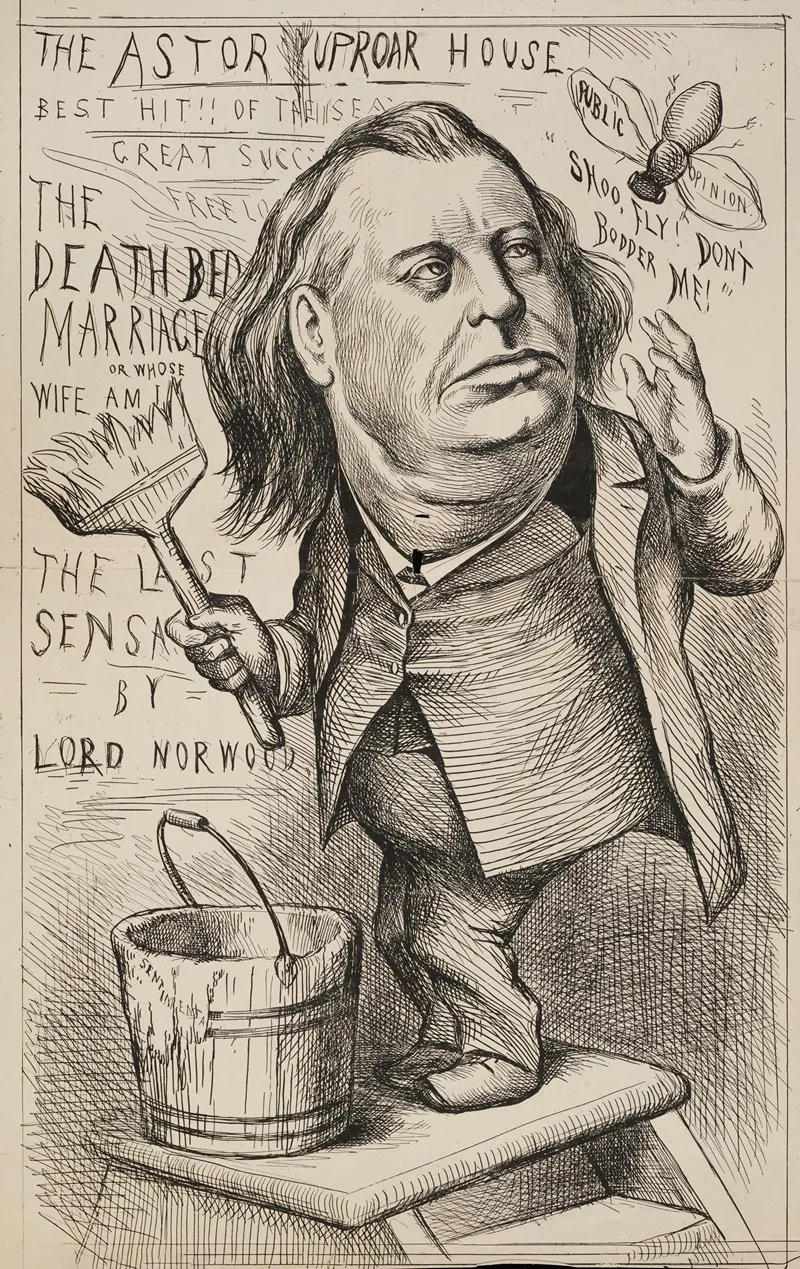A Man Astor Puts Up Fliers For His Uproar House Shooing Away A Fly Representing Public Opinion