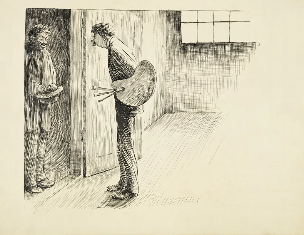 A Man Carrying Paintbrushes And A Palette Answers The Door To A Man With His Hat In His Hands by Harold Imbrie - Canvas Print