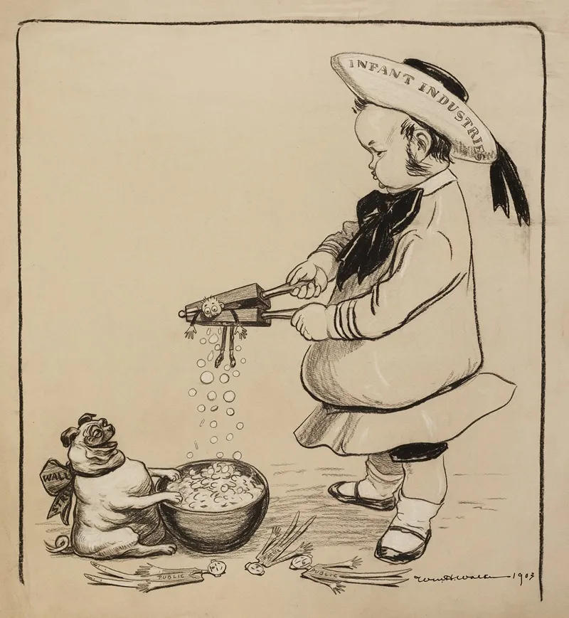 A Man Dressed As A Child Representing Infant Industries Squeezes Small Men Representing The Public To Make Money Fall Out Of Them