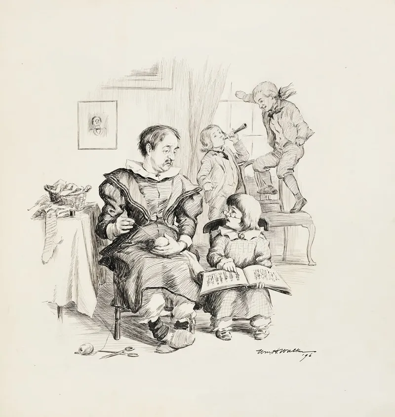 A Man Dressed As A Woman Darns Socks And Watches A Little Boy His Son Who Is Looking At A Fashion Book Behind Them Two Girls Play