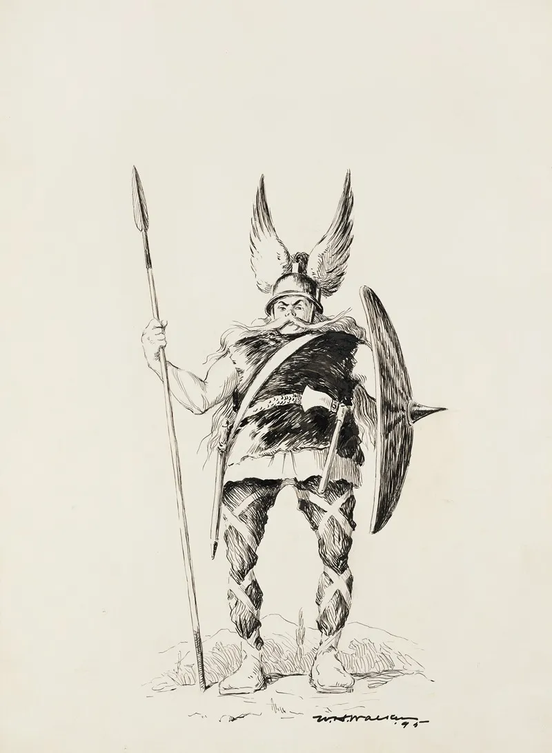 A Man Dressed In Furs With A Spiked Shield Spear And Winged Helmet