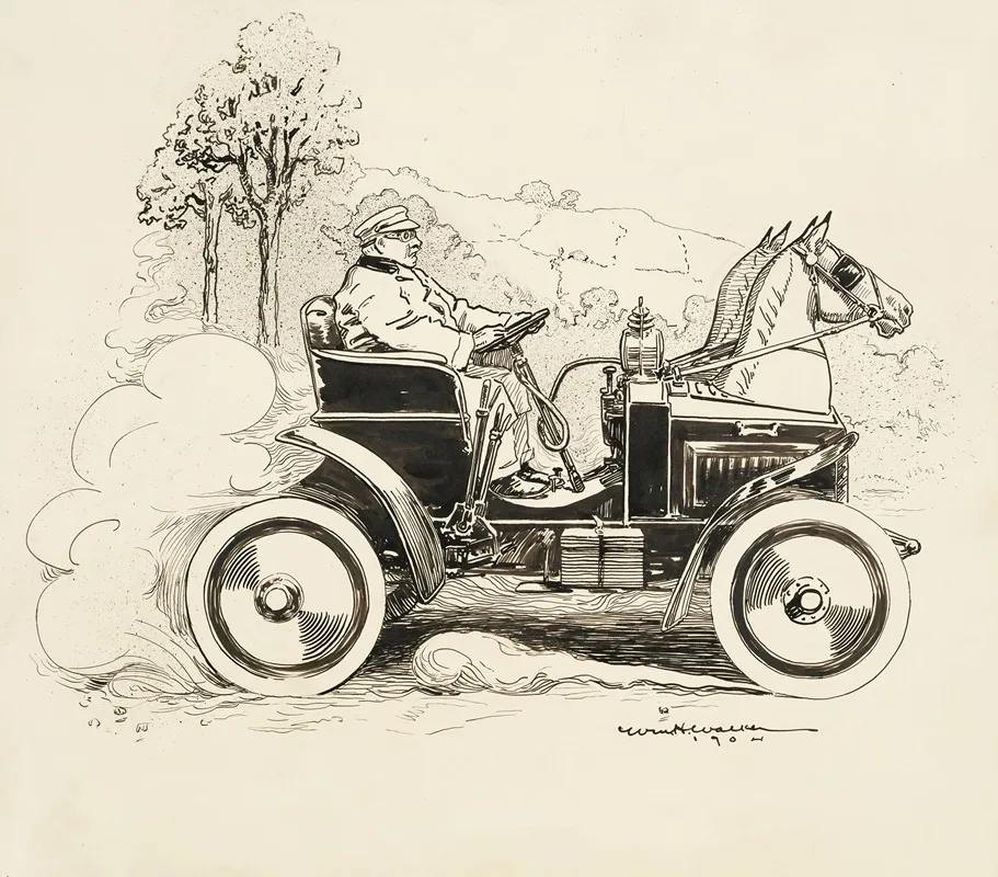 A Man Drives A Car With Two Horse Heads On The Front To Make It Look More Like A Carriage