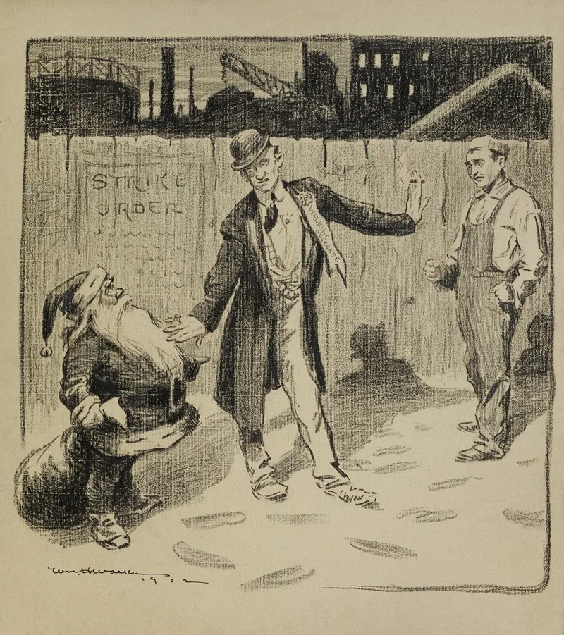 A Man In A Suit A Walking Delegate Keeps Santa Claus From Approaching A Striking Worker Outside Of A Factory