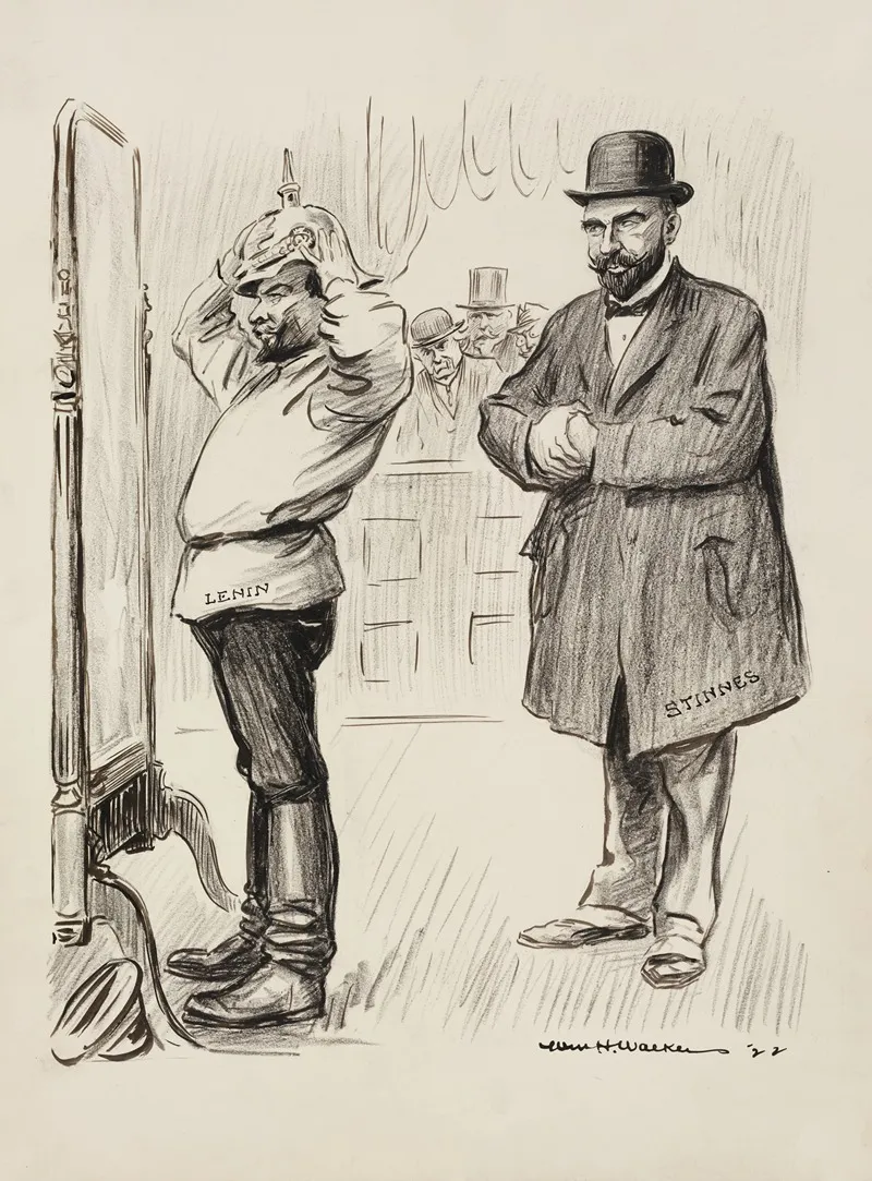 A Man In A Suit Stinnes Watches As Lenin Tries On A Military Helmet In Front Of A Mirror