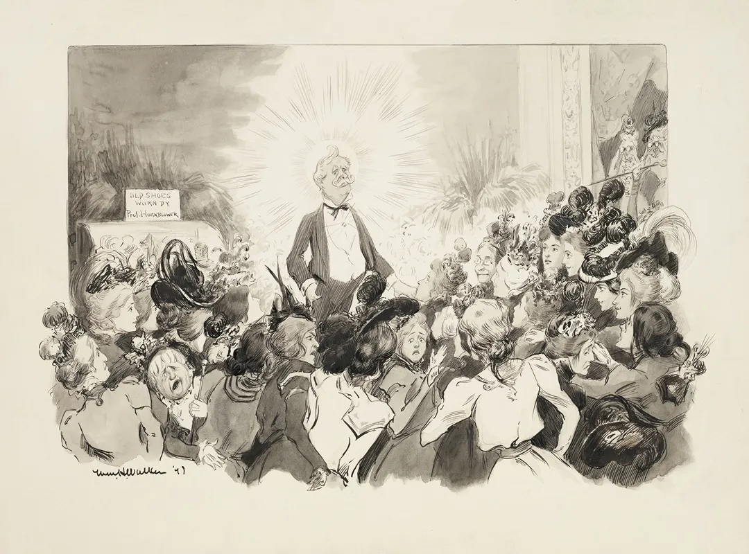 A Man In A Suit With A Halo Causes A Group Of Ladies To Either Admire Him Or Argue With Each Other