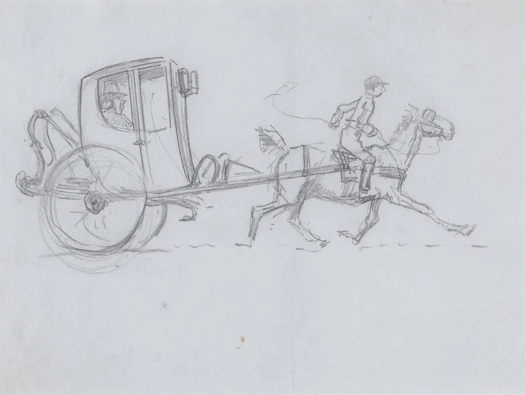 A Man In An Enclosed Carriage Being Pulled By A Horse With A Rider