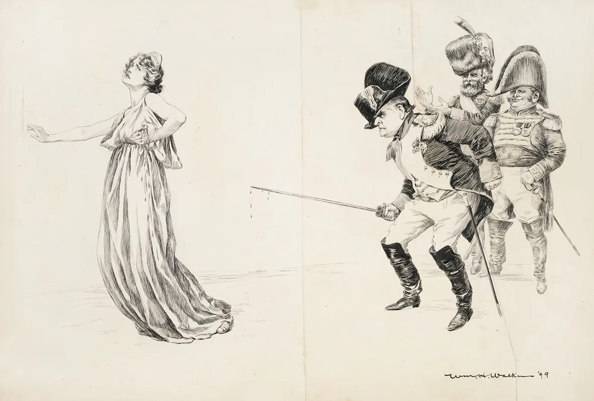 A Man In Military Uniform Cheered On By Two Others Stabs A Woman Representing The Civil Service With His Sword