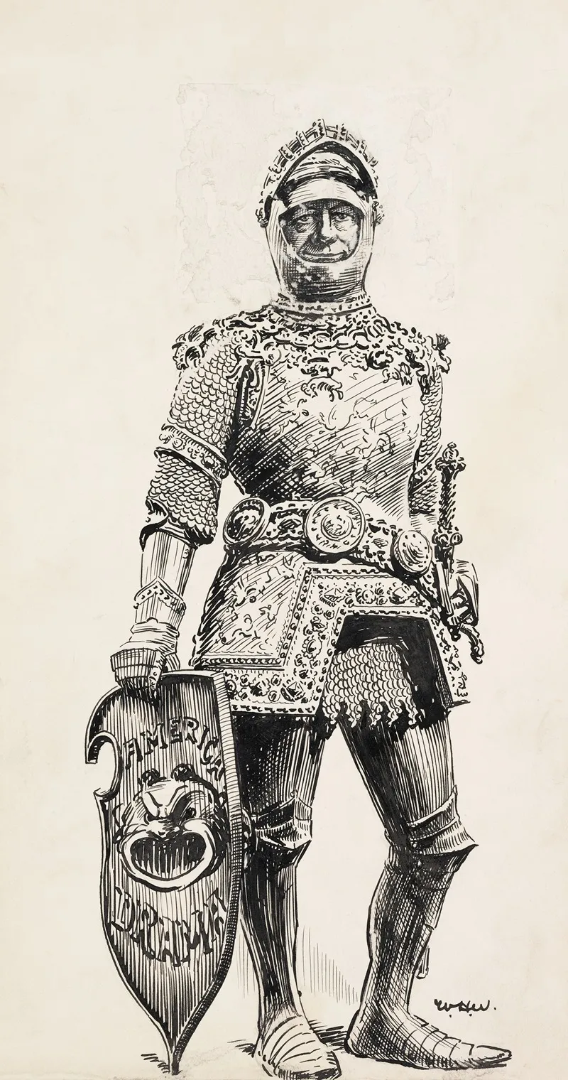 A Man In Ornate Armor His Shield Reads American Drama