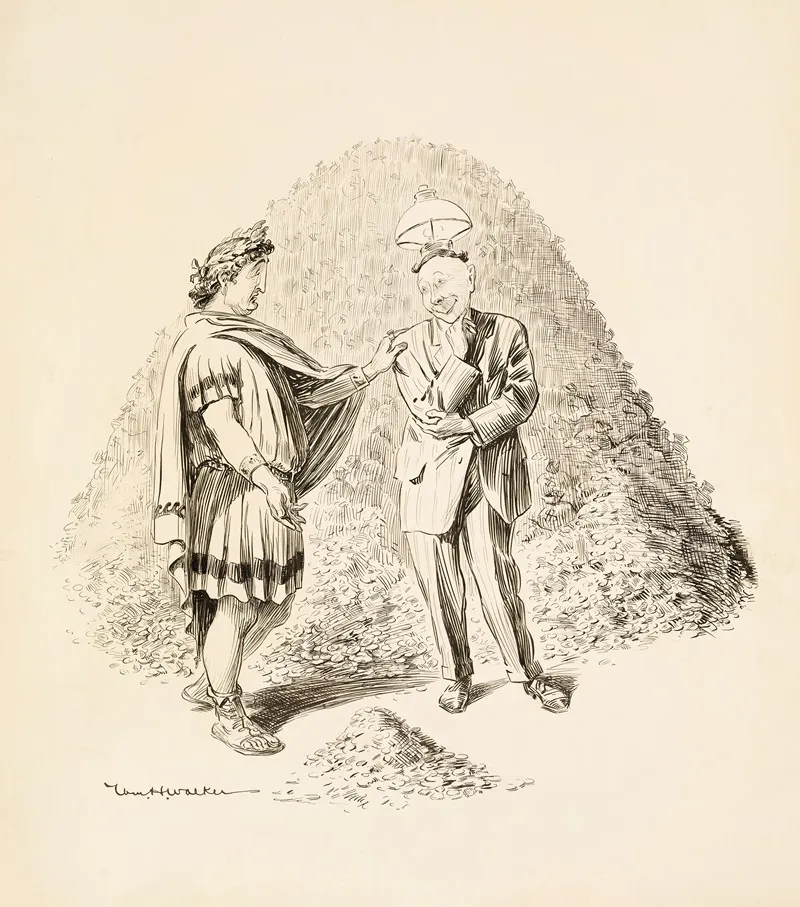 A Man In Roman Robes And A Man In A Suit With A Lamp On His Head Stand Before A Mountain Of Coins