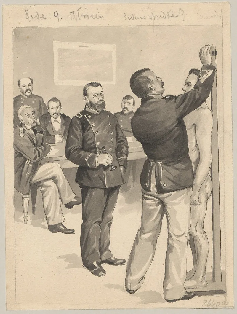 A Man Is Being Examined He Is Naked And Is Being Measured And Weighed While A Panel Of Military Personnel Watches