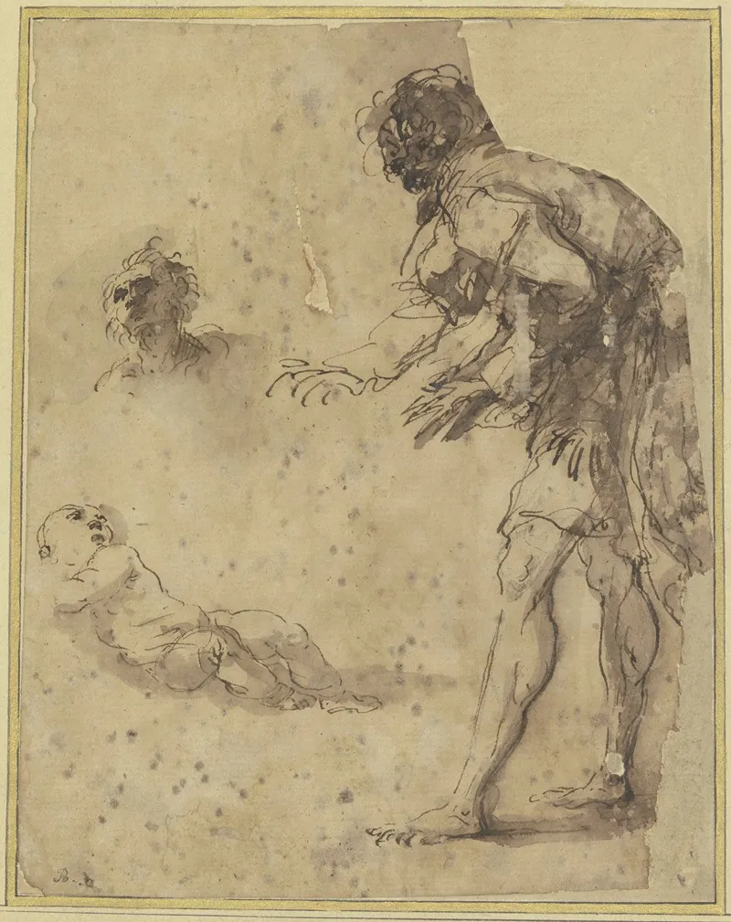 A Man Looks Down At An Infant Lying On The Ground Above There Is A Head Study