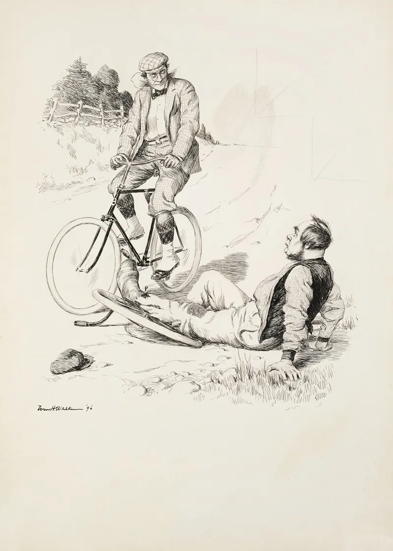 A Man On A Bicycle Looks Down On A Man Who Has Fallen Off Of His Unicycle