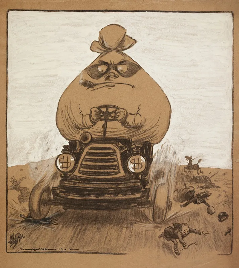 A Man Represented As A Large Bag Of Money With A Robber Mask Knocks Over Small People With His Car
