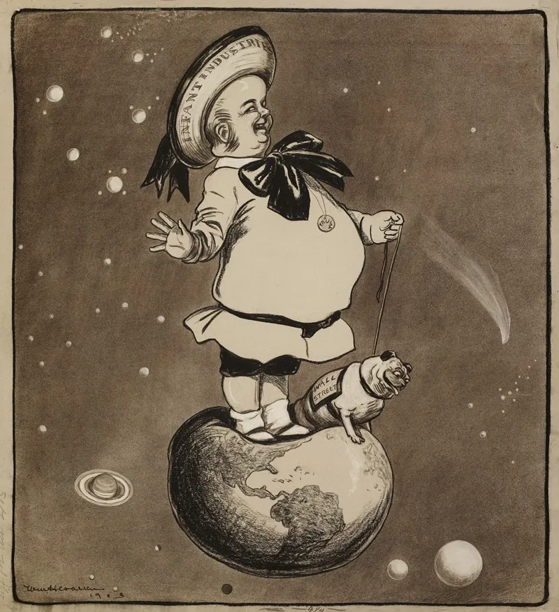 A Man Representing Infant Industries And Trusts With His Bulldog Representing Wall Street Stand On Top Of The World
