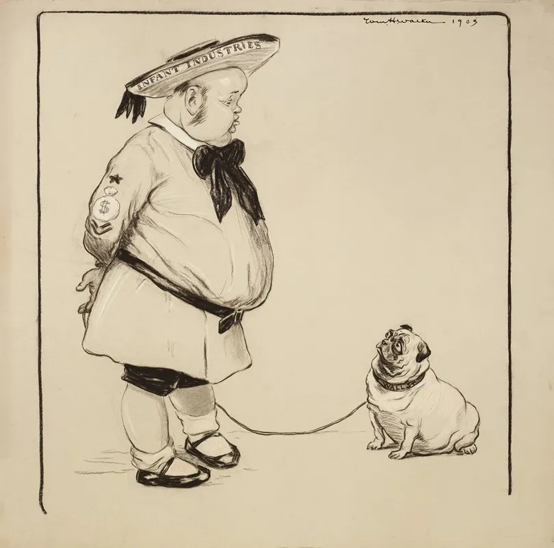 A Man Representing Infant Industries With His Bulldog Representing Wall Street