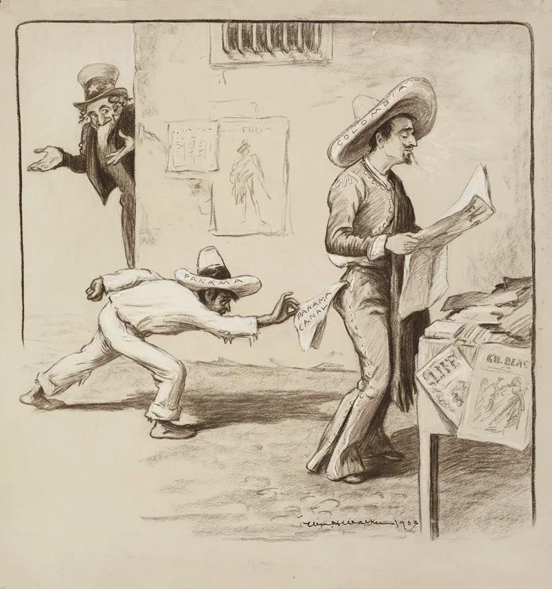 A Man Representing Panama Steals The Panama Canal From The Pocket Of An Unsuspecting Man Representing Colombia