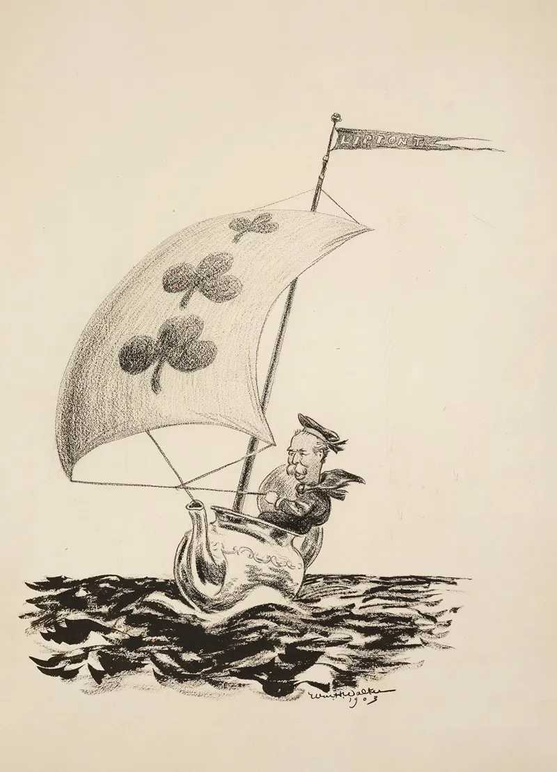 A Man Sailing A Boat Made Up Of A Tea Pot And A Three Of Clubs Card For A Sail With A Lipton T Flag On Top