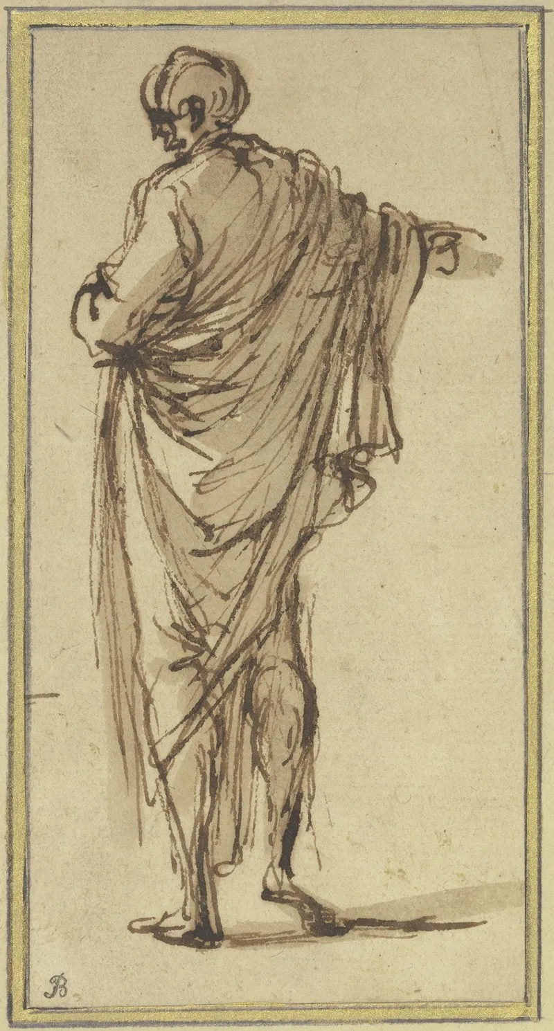 A Man Seen From The Rear Points To The Right