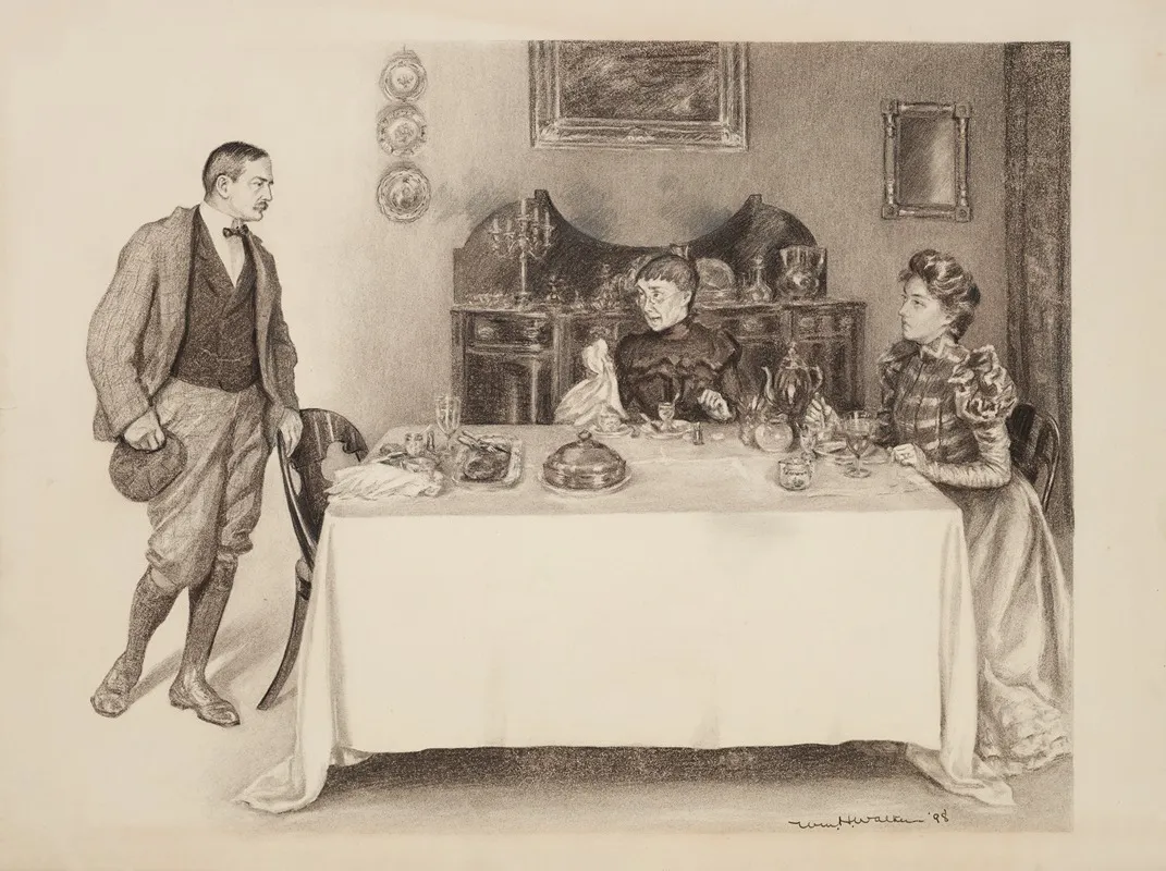 A Man Stands Behind His Chair At A Table Where An Older And Younger Woman Are Already Eating