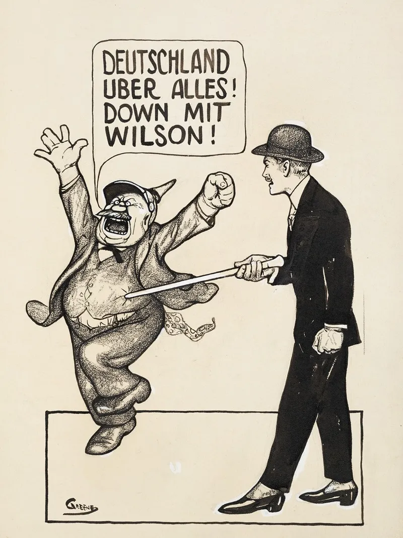 A Man Uses His Cane To Poke A Fat Man Who Is Shouting Deutschland Uber Allies Down Mit Wilson by Nelson Greene - Canvas Print