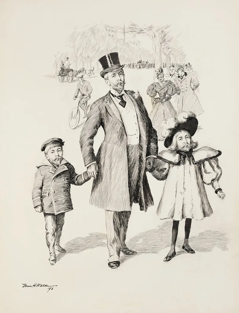 A Man Walks In A Crowded Park With His Young Son And Daughter Only Both Children Have The Same Face As Him