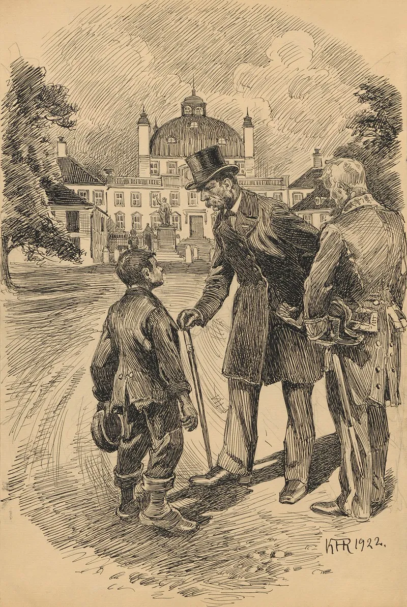 A Man Wearing A Top Hat And Carrying A Walking Stick Listens Intently To What A Little Boy Is Saying by Karl Hansen Reistrup - Canvas Print