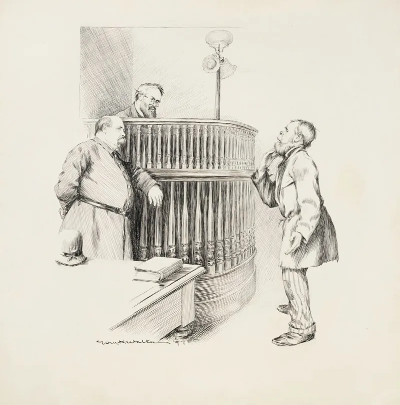 A Man With A Beard Stands Before A Judge And A Police Officer The Man Has A Dark Nose Possibly From Drinking